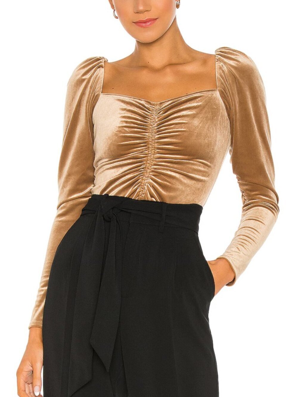 A.L.C. Gold Velvet Ruched Puff Long Sleeve Top Size 8